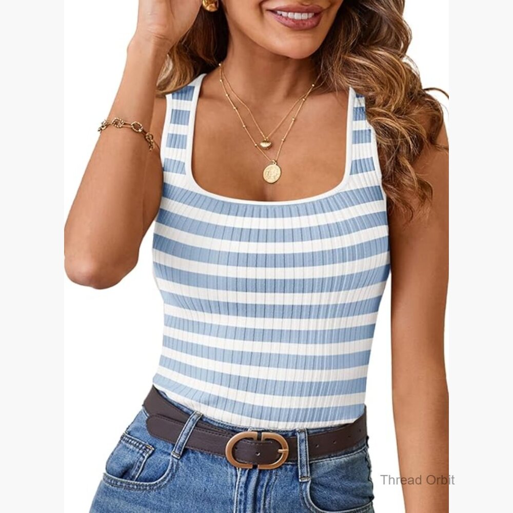 Sleeveless Ribbed Knit Tank Top Striped Square Neck Slim Fit